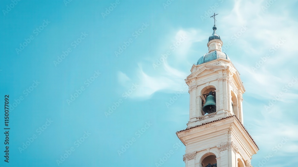 church bell tower, captured against a clear blue sky with a hint of clouds, its towering presence making a bold statement in the middle of the city church bell tower, captured against a clear blue sky with a hint of clouds, its towering presence making a bold statement in the middle of the city