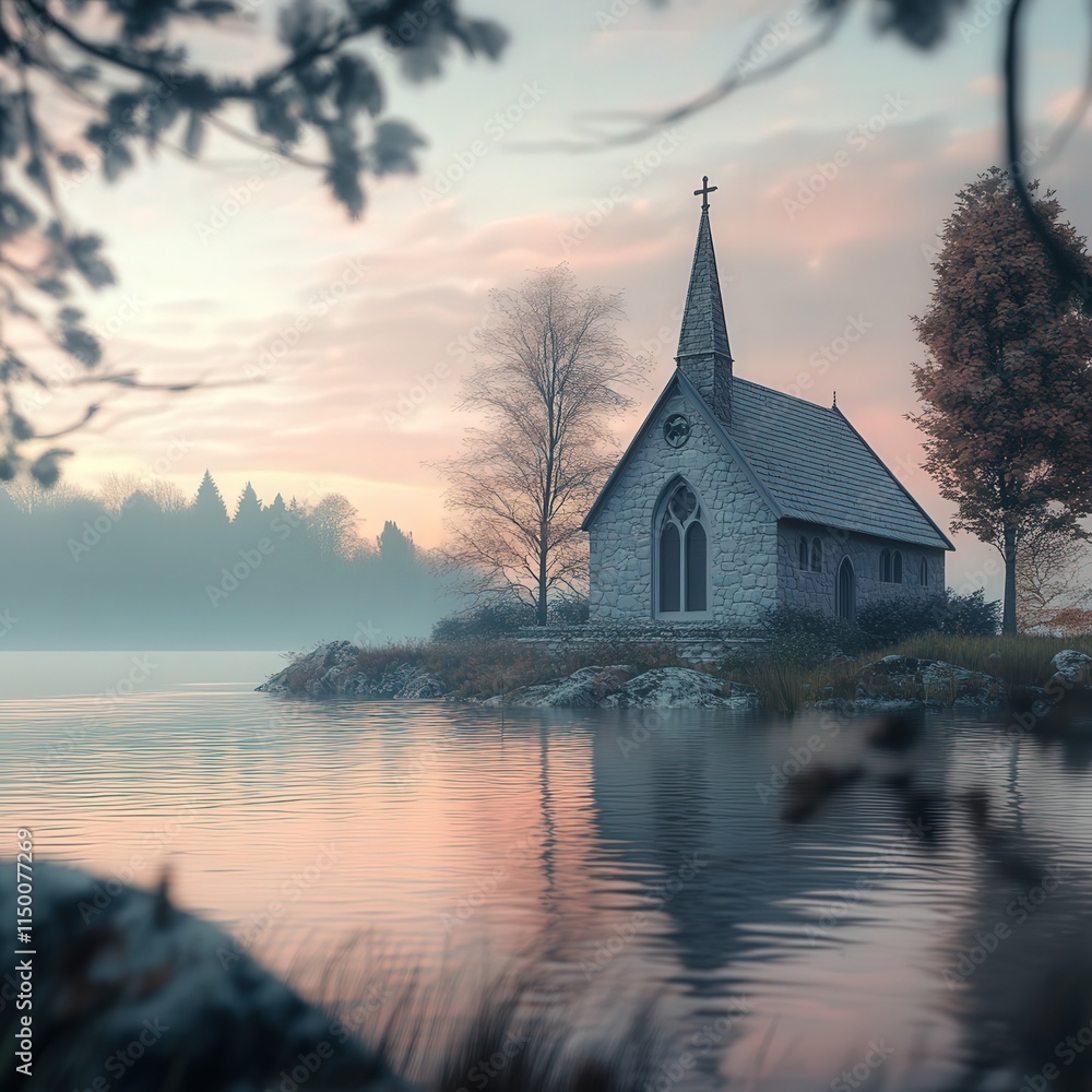 Fototapeta premium small chapel perched on a riverbank, with the water reflecting the soft hues of the sky.