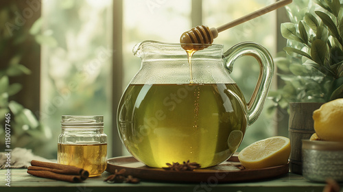 A large green glass jug filled with tea with honey and lemon, next to the jug stands an old wooden spoon into which honey drips. Cinnamon sticks are placed on top. An atmosphere of comfort and relaxat photo