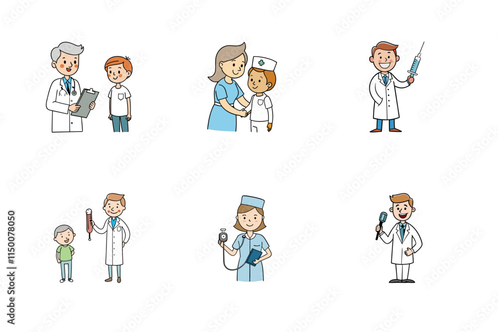 Set of doctor and nurse treatment vector illustration Set of doctor and nurse treatment vector illustration