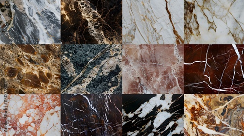 A diverse array of marble textures, featuring unique veining and shades for architectural and design inspiration. photo