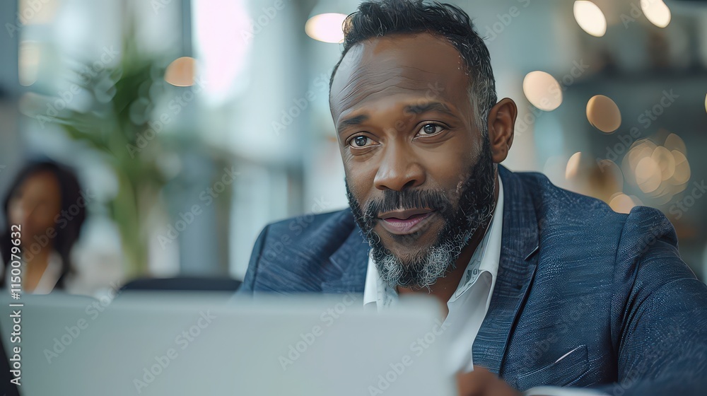 Naklejka premium Businessman reviewing project progress with his team, pointing at a laptop screen in a bustling office environment. 