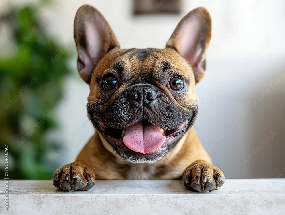 A playful French Bulldog peeks over a surface, showcasing its cute smile and perky ears, surrounded by greenery. A playful French Bulldog peeks over a surface, showcasing its cute smile and perky ears, surrounded by greenery.