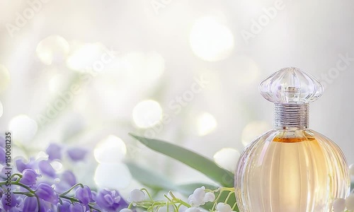 Glass bottle of lavender perfume surrounded by lavender flowers  photo