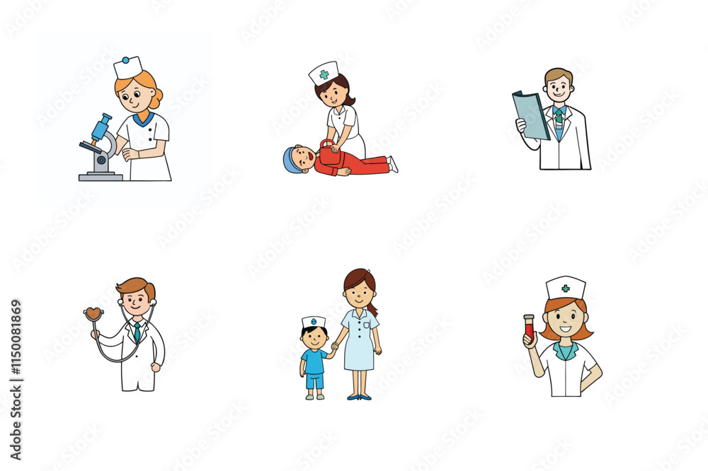 Set of doctor and nurse treatment vector illustration Set of doctor and nurse treatment vector illustration