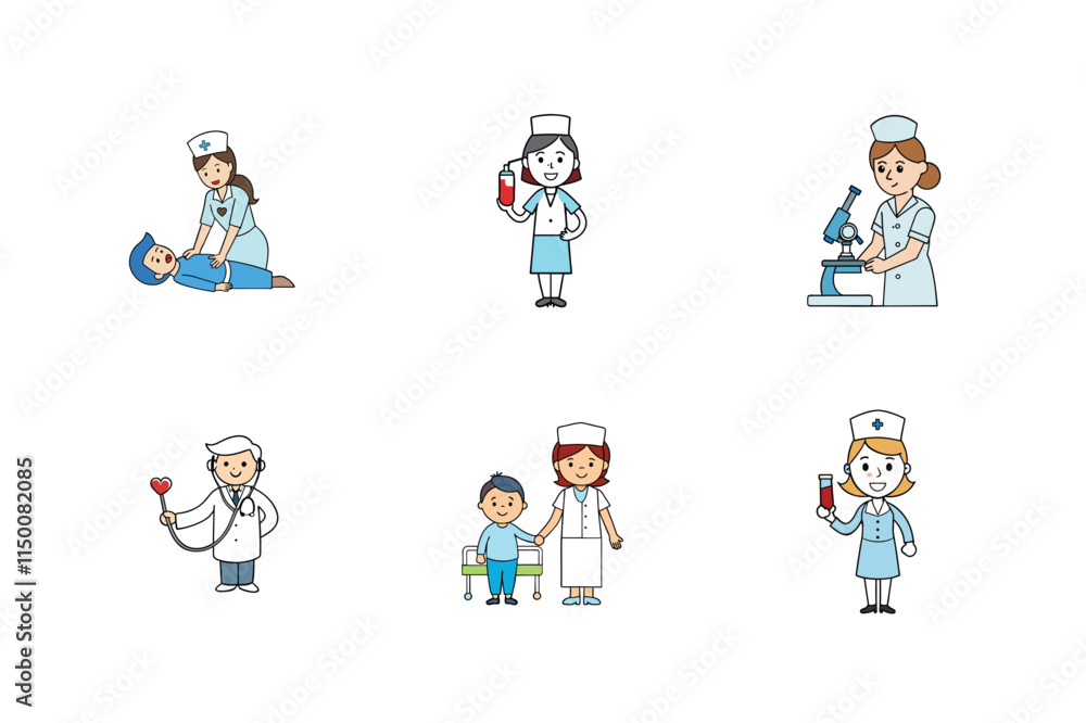 Set of doctor and nurse treatment vector illustration Set of doctor and nurse treatment vector illustration