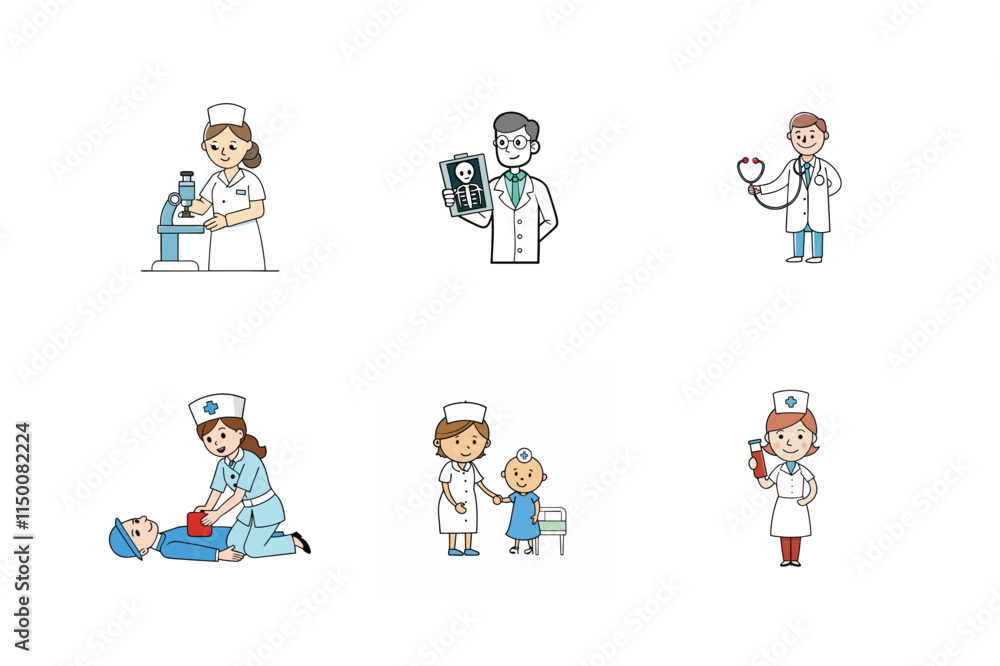 Set of doctor and nurse treatment vector illustration Set of doctor and nurse treatment vector illustration