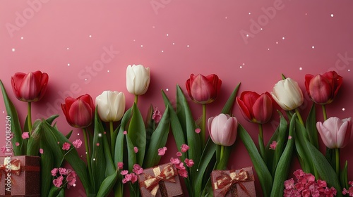 Delicate gift box surrounded by beautiful pink flowers in soft lighting photo