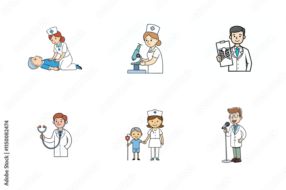 Set of doctor and nurse treatment vector illustration Set of doctor and nurse treatment vector illustration