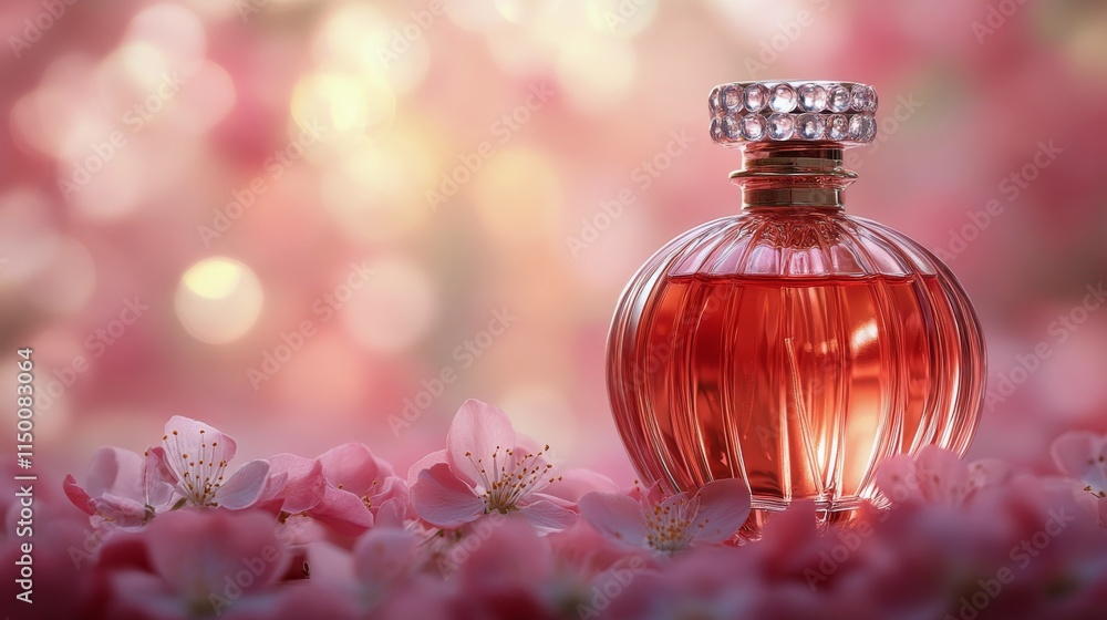 Elegant perfume bottle surrounded by delicate pink flowers on a soft peach background Elegant perfume bottle surrounded by delicate pink flowers on a soft peach background
