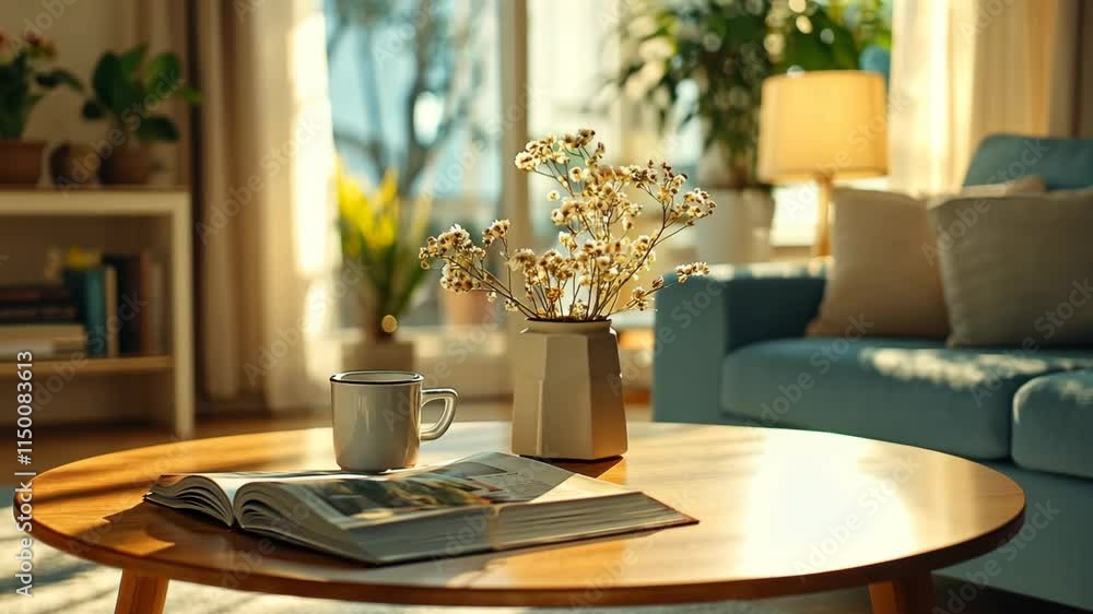 Cozy Home Interior Sunlit Living Room with Coffee Book and Flowers