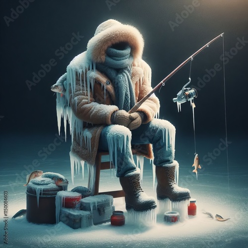 Ice Fishing Sitting on a stool layered with warm clothing holdin photo