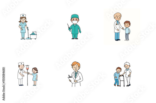 Set of doctor and nurse treatment vector illustration