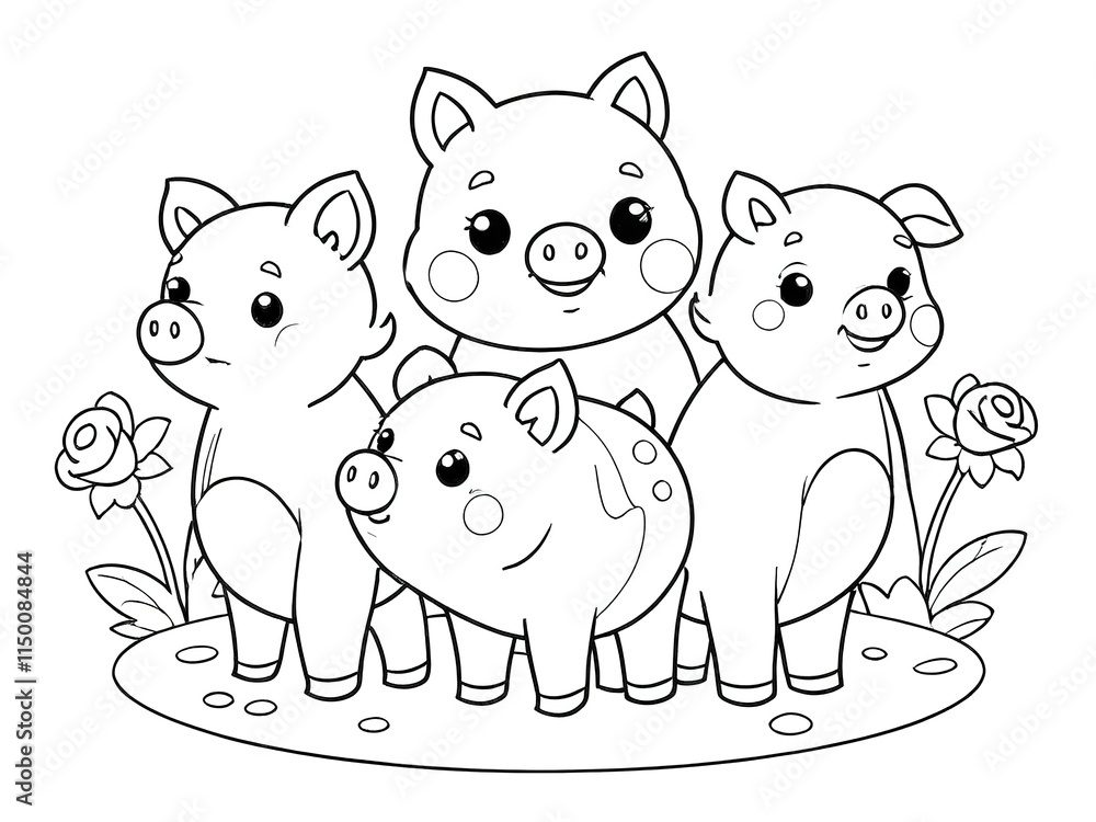Fototapeta premium 4 little pigs coloring book page with a flower, isolated on a white background. 