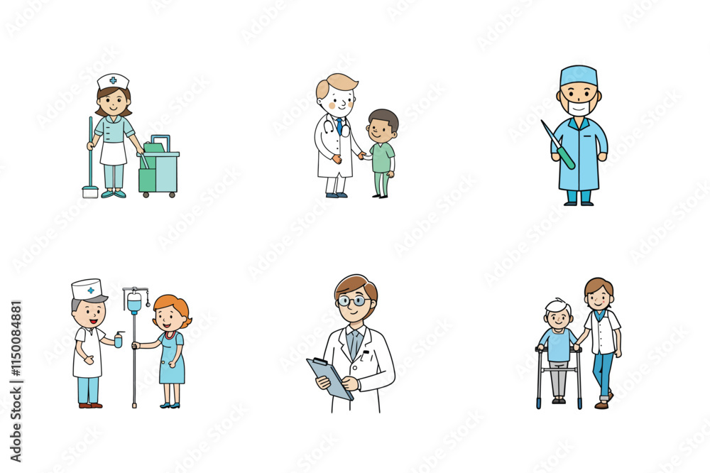 Set of doctor and nurse treatment vector illustration Set of doctor and nurse treatment vector illustration