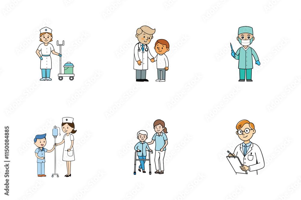 Set of doctor and nurse treatment vector illustration Set of doctor and nurse treatment vector illustration