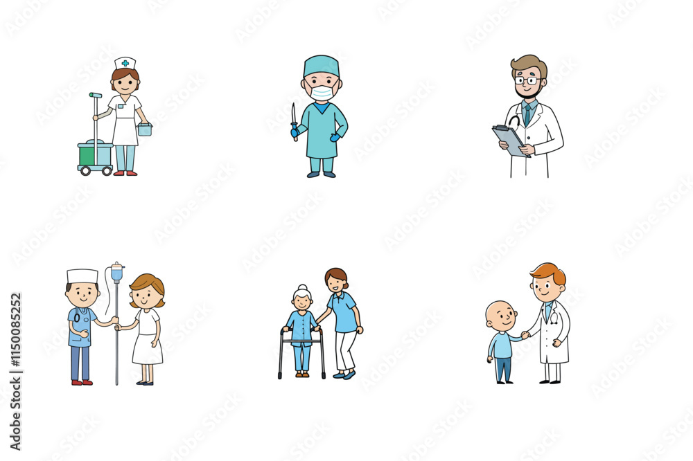 Set of doctor and nurse treatment vector illustration Set of doctor and nurse treatment vector illustration