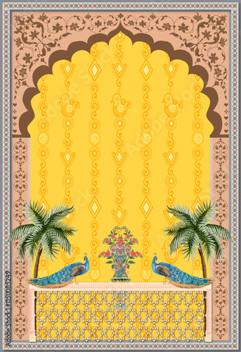 Arch Design with Indian jaipur Rajasthani fort, Chinoiseries peacock, trees, flowers, laltain and Culture. Wedding Backdrop. Abstract Indian floral rug design, Persian carpet, tribal texture.