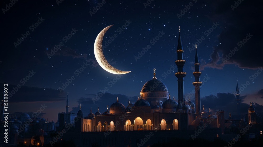 3D Render of Shiny Exquisite Crescent Moon With Carved Mosque On Night Background 3D Render of Shiny Exquisite Crescent Moon With Carved Mosque On Night Background