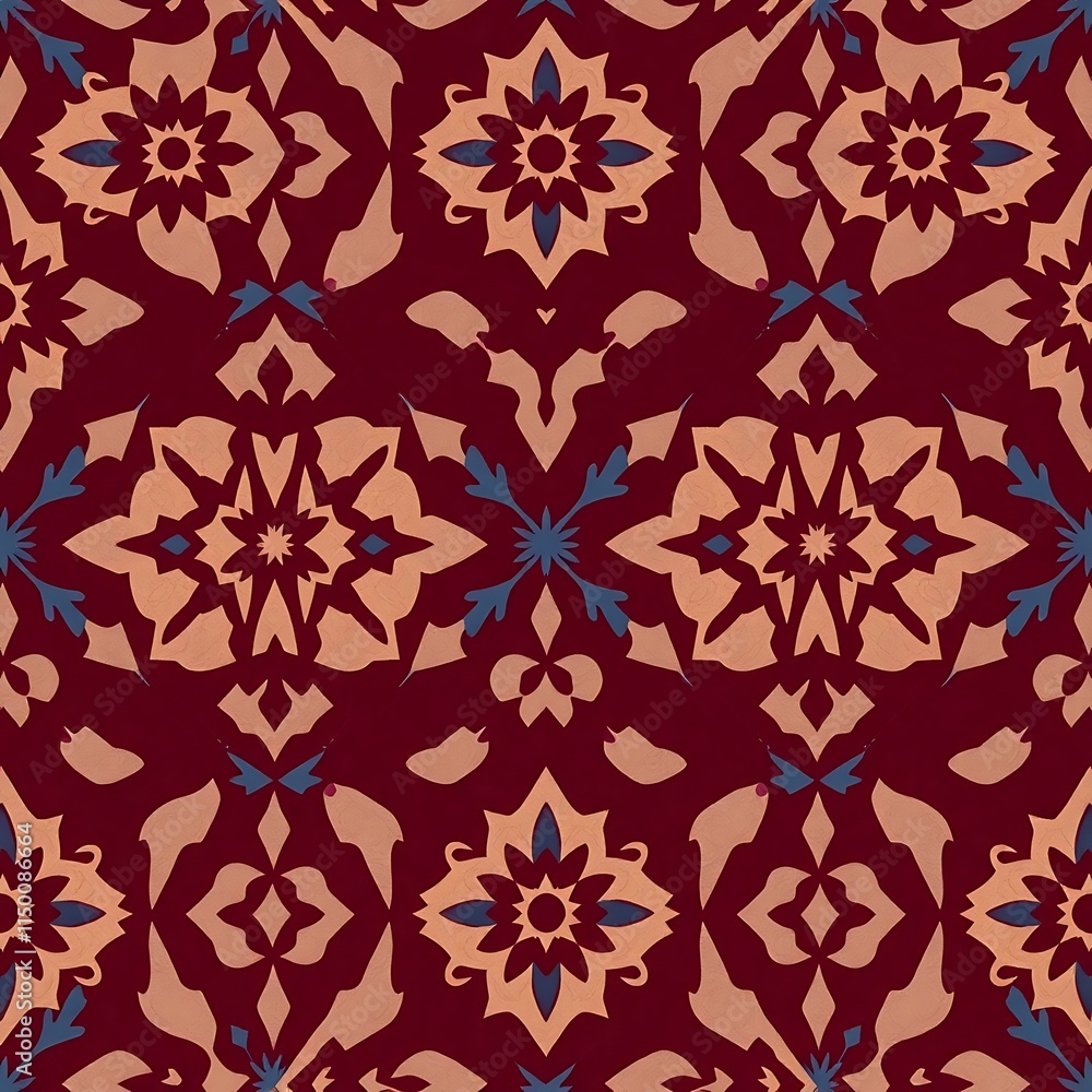 Crimson Floral Tile Pattern: A rich, seamless pattern featuring intricate floral designs in shades of burgundy, peach, and teal. Perfect for textile design, wallpaper, or surface decoration. Crimson Floral Tile Pattern: A rich, seamless pattern featuring intricate floral designs in shades of burgundy, peach, and teal. Perfect for textile design, wallpaper, or surface decoration.