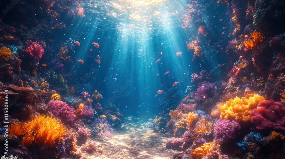Fototapeta premium Vibrant coral reef, sunlit ocean, colorful fish.