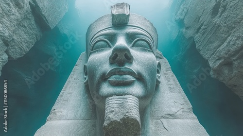 Ancient Egyptian Pharaoh statue submerged in water. photo