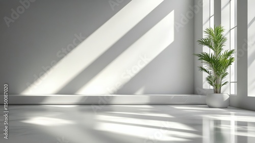 Light streams into modern room featuring potted plant and sleek floor design