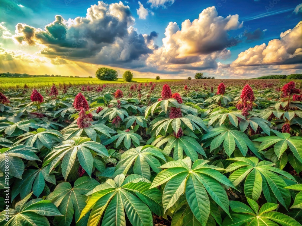 Obraz premium Panoramic Castor Bean Plant Field, Lush Green Castor Oil Plant Farm, Wide Angle Castor Seed Plantation Photography