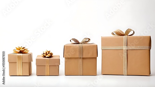 set of brown craft paper gift boxes line up, isolated on white background