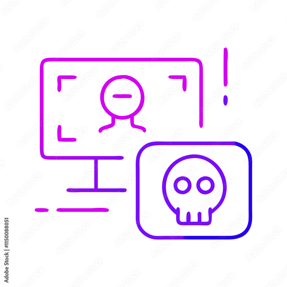 Cyber threat icon: skull with download arrows, laptop, and file. Perfect for content about cybersecurity, data protection, and digital threats. Symbol of danger, viruses, and data breaches