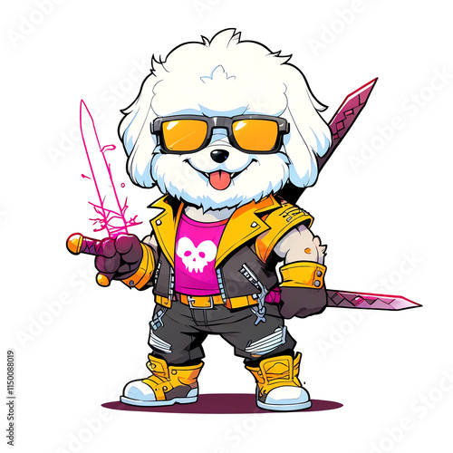 Bichon Frise Warrior: A fierce canine, sunglasses, jacket, swords, ready for battle. Cartoon illustration, vibrant colors, bold lines, dynamic pose. photo