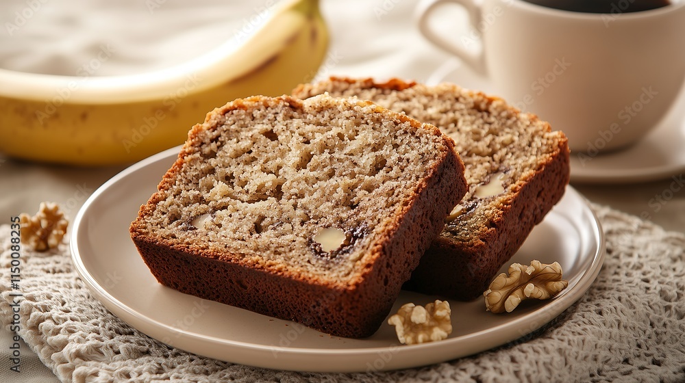 Two slices of banana walnut cake with coffee, afternoon tea time dessert Two slices of banana walnut cake with coffee, afternoon tea time dessert