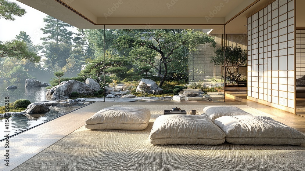 Zen Oasis Living Room: Tatami Mats, Shoji Screens, and Bonsai Elegance
