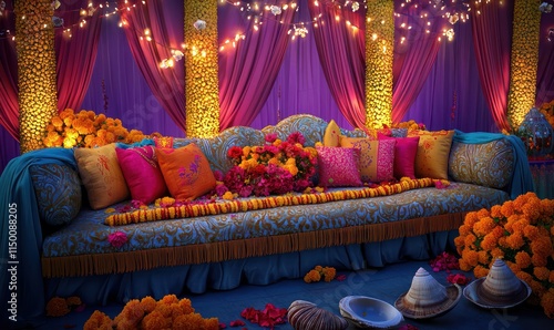 A colorful and lively Indian wedding scene featuring a sofa decorated with sa?^1?vA?dis and marigold photo