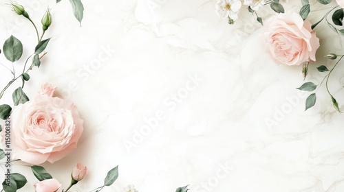 Fototapeta Naklejka Na Ścianę i Meble -  Elegant pink roses and greenery on marble background.