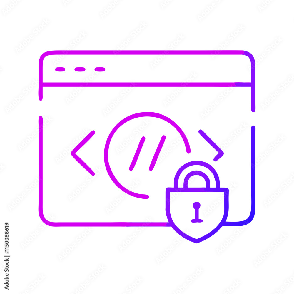 Minimalist secure coding icon with shield and code editor. Perfect for content about cybersecurity, data protection, and digital threats. Symbol of danger, viruses, and data breaches Minimalist secure coding icon with shield and code editor. Perfect for content about cybersecurity, data protection, and digital threats. Symbol of danger, viruses, and data breaches