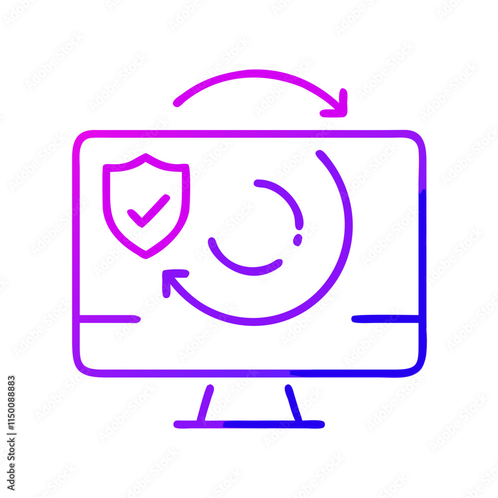 Minimalist system restore icon with shield and circular arrows. Perfect for content about cybersecurity, data protection, and digital threats. Symbol of danger, viruses, and data breaches Minimalist system restore icon with shield and circular arrows. Perfect for content about cybersecurity, data protection, and digital threats. Symbol of danger, viruses, and data breaches