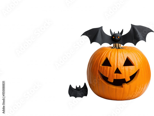 Spooky Halloween Pumpkin with Bat Decorations Featuring a Grinning Face and Scary Bats for Festive Season Celebrations and Seasonal Decor Ideas photo