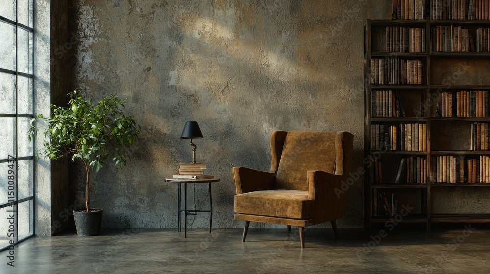 Create an inviting reading corner in a spacious industrial interior design space for relaxation and inspiration Create an inviting reading corner in a spacious industrial interior design space for relaxation and inspiration