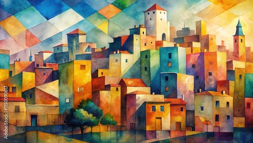 A watercolor painting of a vibrant city with buildings rendered in geometric shapes and saturated colors, bathed in warm sunlight.