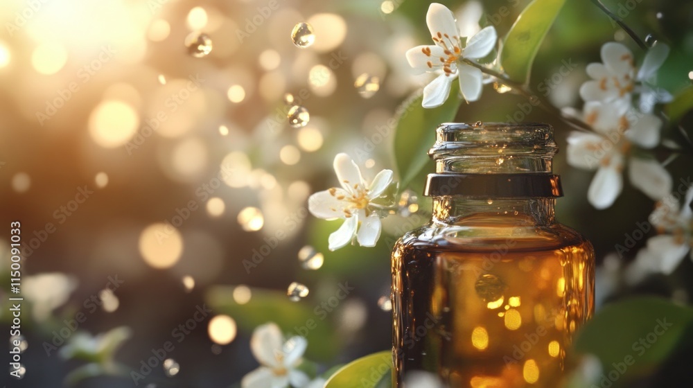 Amber glass bottle of essential oil with white flowers and water droplets, sunlit.