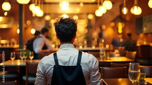 Restaurant Worker Backlit by Warm Evening Lights Blurred Background
