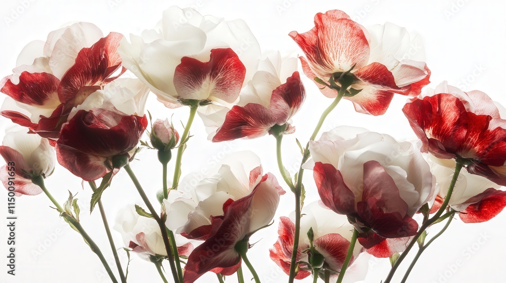 perfectly arranged bouquet of red and white roses set against a pure white background. perfectly arranged bouquet of red and white roses set against a pure white background.