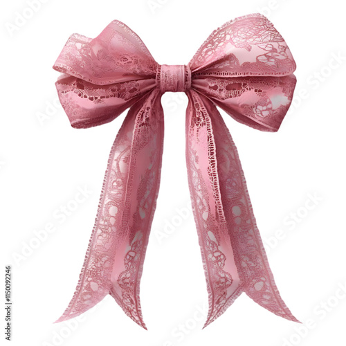 A decorative pink lace bow with flowing ribbons, ideal for gifts or embellishments.