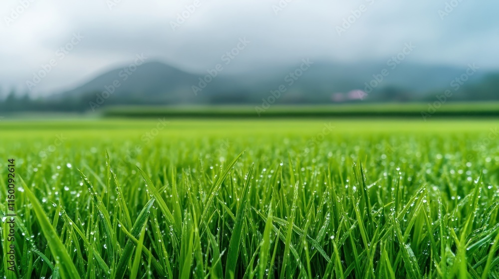 Obraz premium Lush Green Rice Field with Dew Drops in a Misty Landscape, Capturing Nature's Beauty and Tranquility Amidst Rolling Hills and Soft Clouds