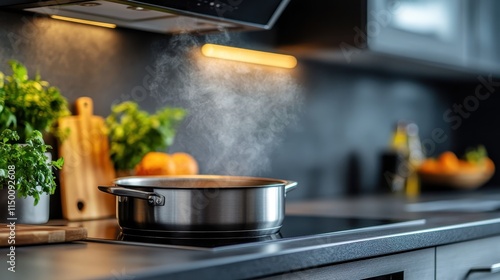 In this warmly illuminated kitchen, steam rises elegantly from a pot on the stove, surrounded by vibrant greens and cutting boards, exuding a cozy cooking vibe. photo