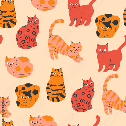 Seamless pattern of red and  yellow cats striped and spotted. Vector graphics.