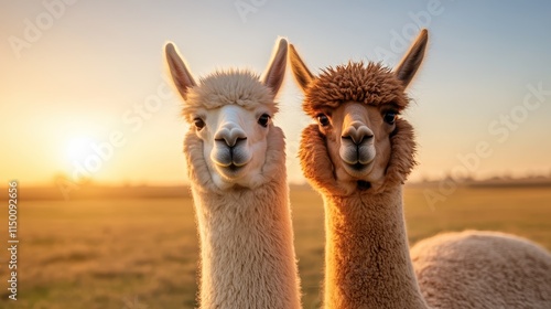 In a picturesque field at sunset, two llamas pose calmly against the backdrop of a setting sun, evoking themes of peace, companionship, and pastoral serenity. photo