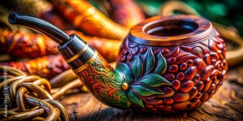 Macro Close-up of Intricate Carved Pine Smoking Pipe Details photo