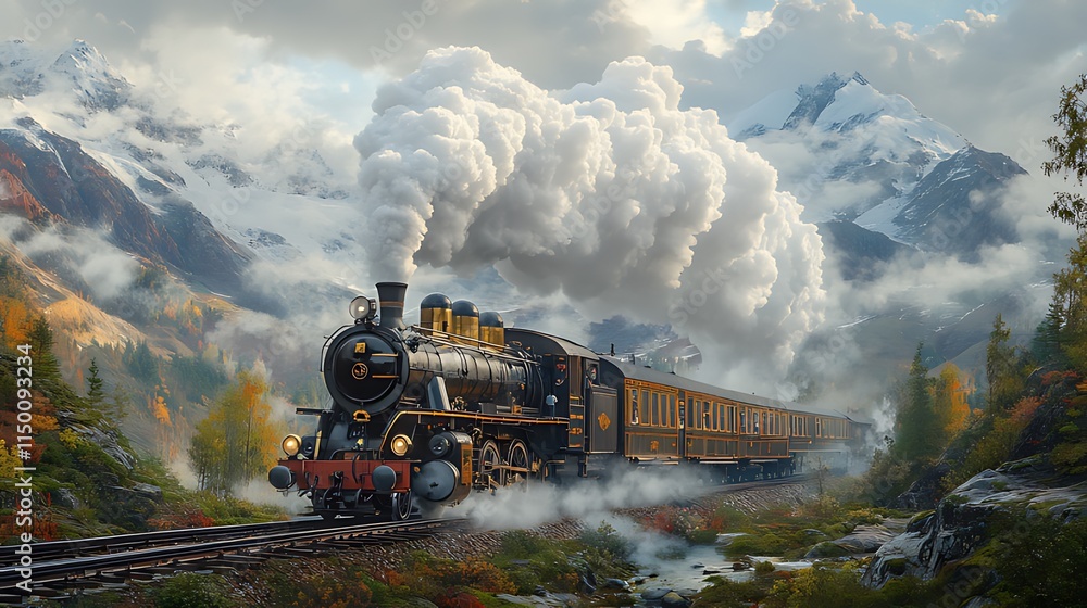 Obraz premium Majestic steam train journey through autumnal mountain scenery.
